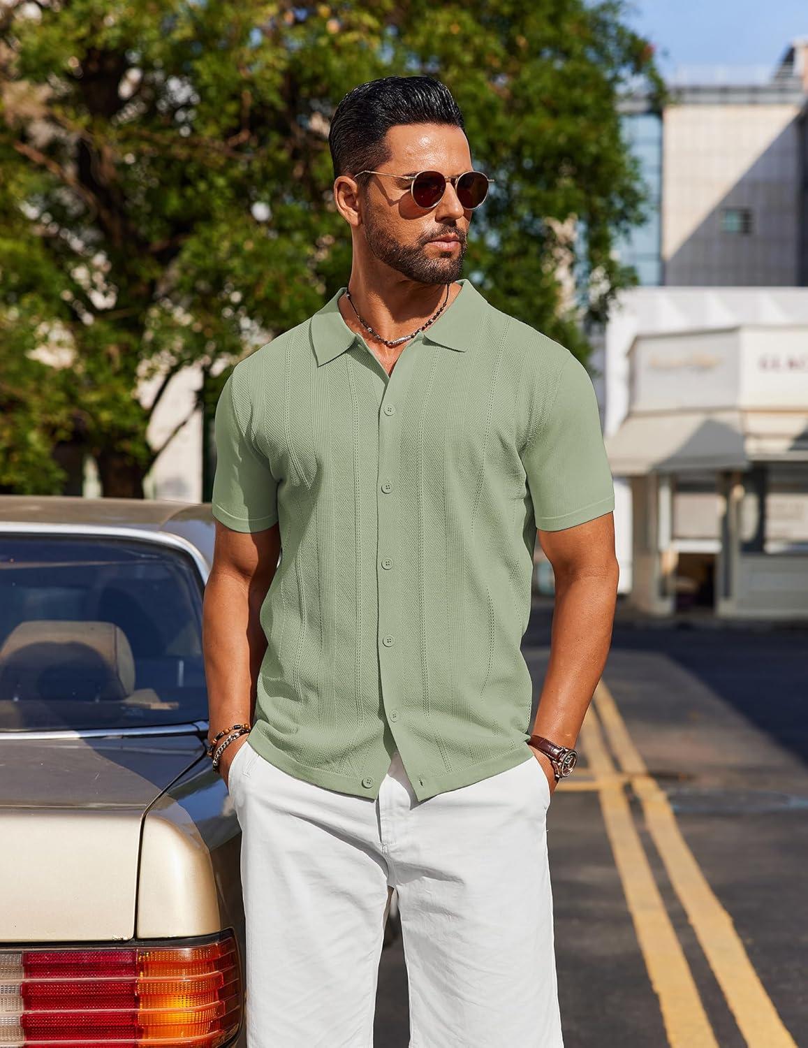 imageCOOFANDY Mens Knit Short Sleeve Button Down Polo ShirtsLight Green