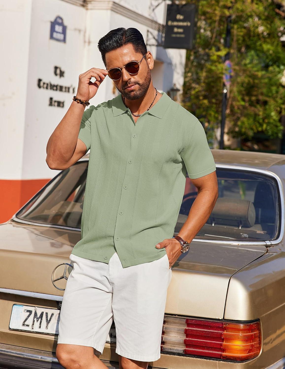 imageCOOFANDY Mens Knit Short Sleeve Button Down Polo ShirtsLight Green