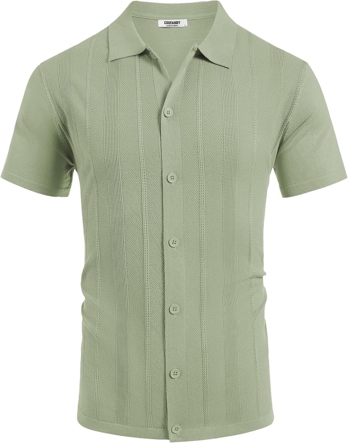 imageCOOFANDY Mens Knit Short Sleeve Button Down Polo ShirtsLight Green