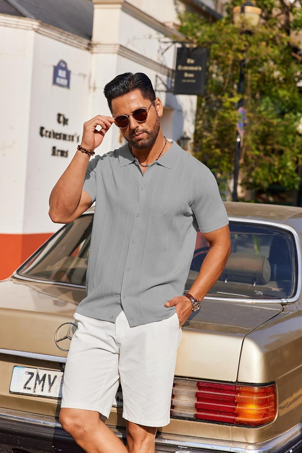 imageCOOFANDY Mens Knit Short Sleeve Button Down Polo ShirtsLight Grey