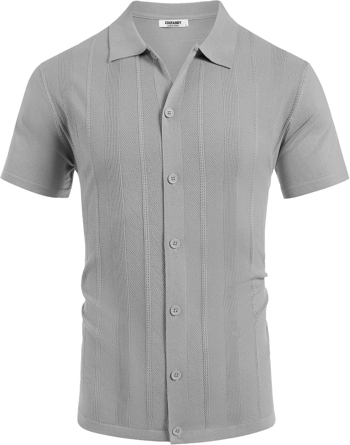 imageCOOFANDY Mens Knit Short Sleeve Button Down Polo ShirtsLight Grey