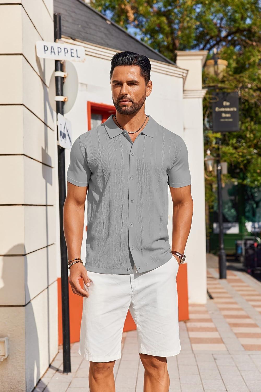 imageCOOFANDY Mens Knit Short Sleeve Button Down Polo ShirtsLight Grey