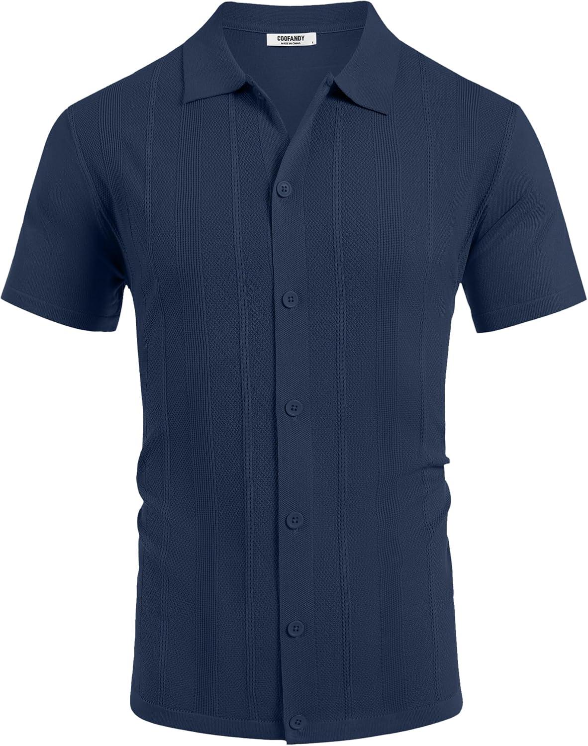 imageCOOFANDY Mens Knit Short Sleeve Button Down Polo ShirtsNavy Blue
