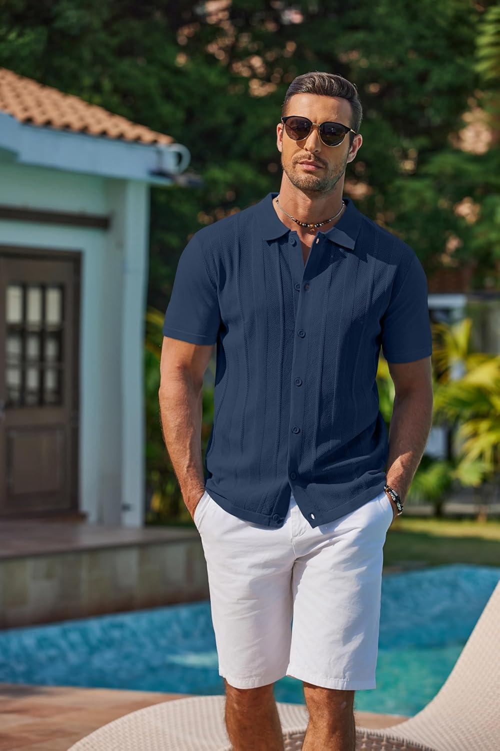 imageCOOFANDY Mens Knit Short Sleeve Button Down Polo ShirtsNavy Blue