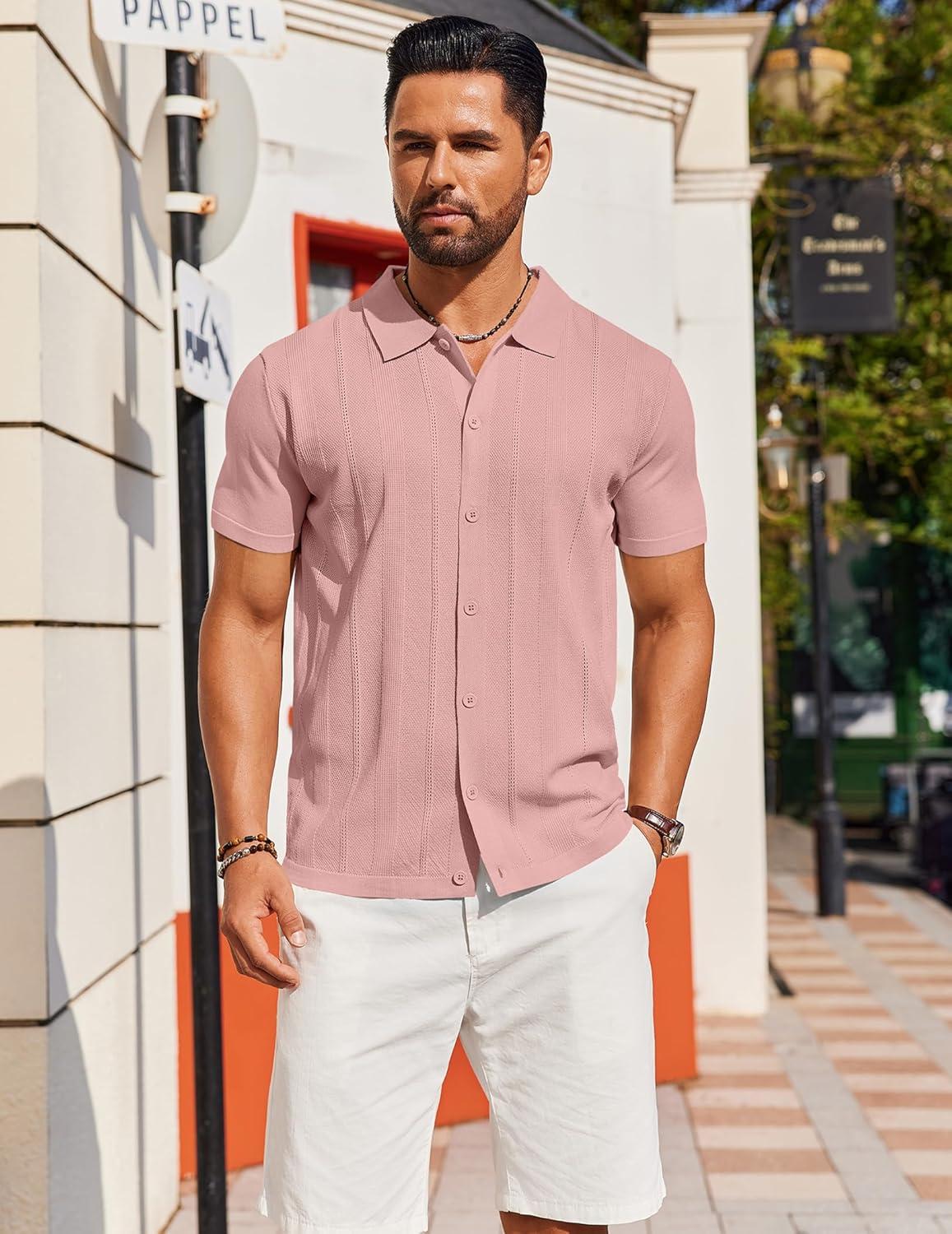 imageCOOFANDY Mens Knit Short Sleeve Button Down Polo ShirtsPink