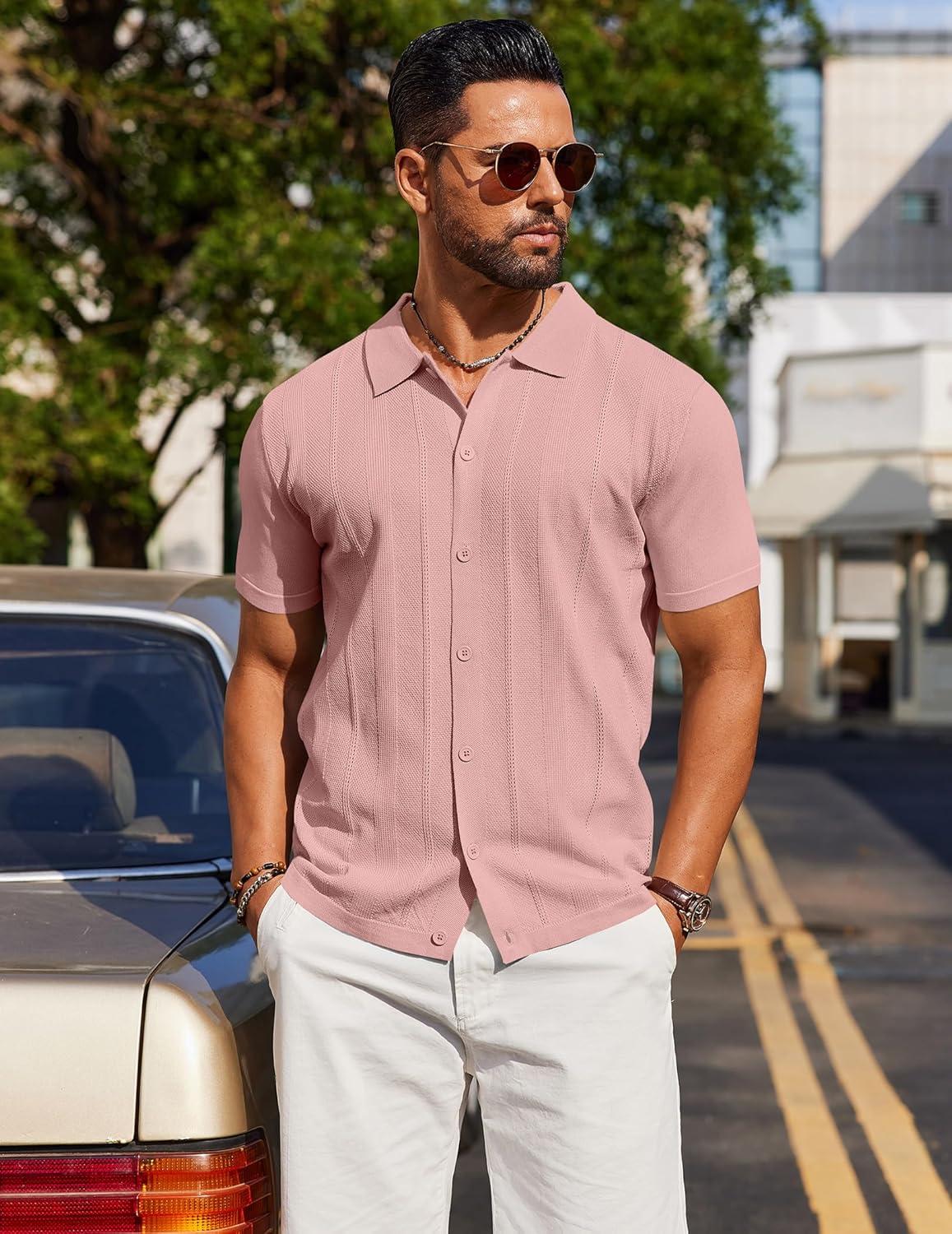 imageCOOFANDY Mens Knit Short Sleeve Button Down Polo ShirtsPink
