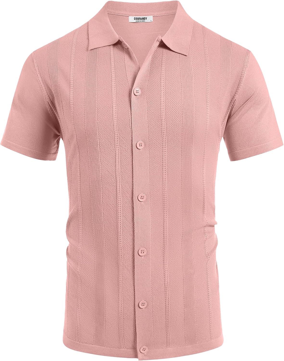 imageCOOFANDY Mens Knit Short Sleeve Button Down Polo ShirtsPink