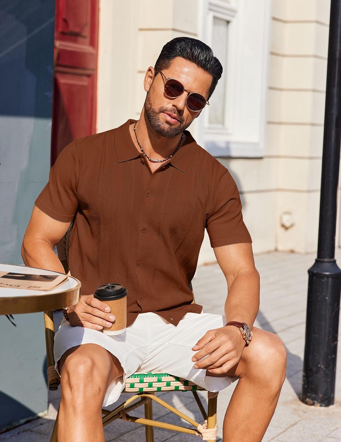 imageCOOFANDY Mens Knit Short Sleeve Button Down Polo ShirtsTerracotta