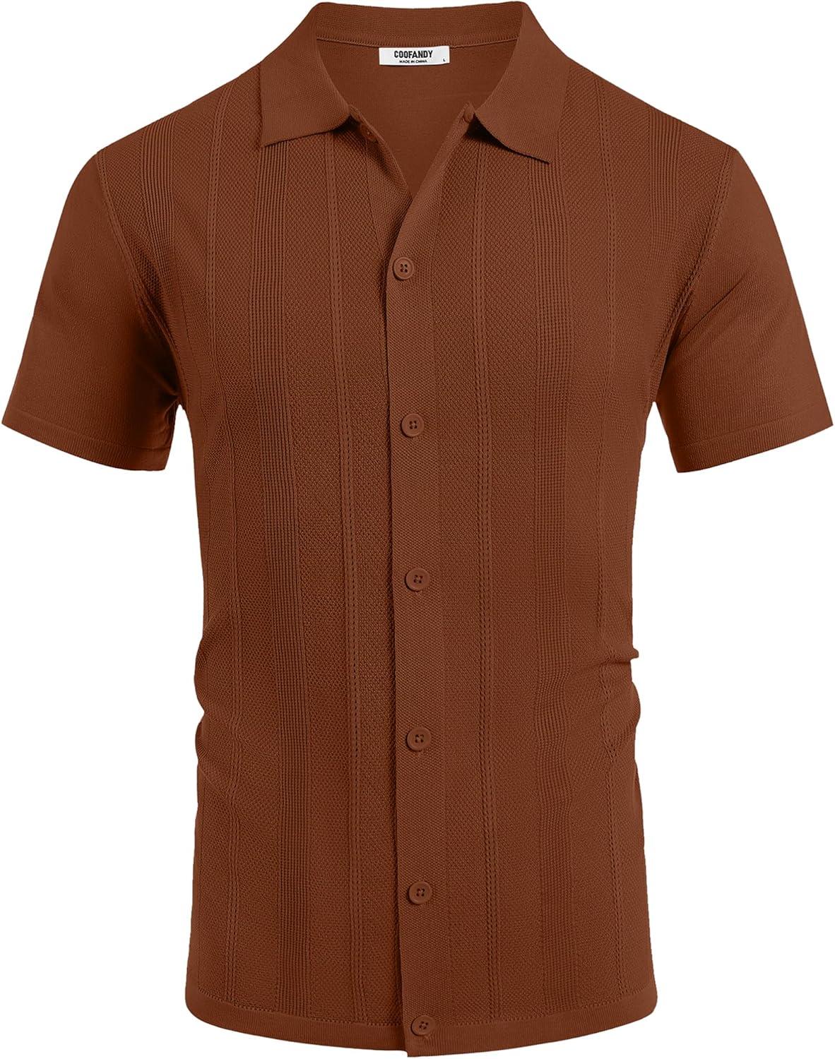 imageCOOFANDY Mens Knit Short Sleeve Button Down Polo ShirtsTerracotta
