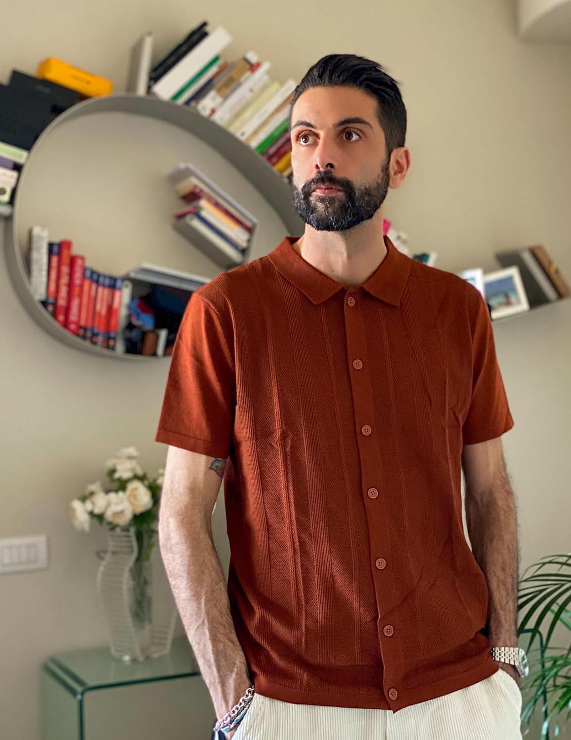 imageCOOFANDY Mens Knit Short Sleeve Button Down Polo ShirtsTerracotta