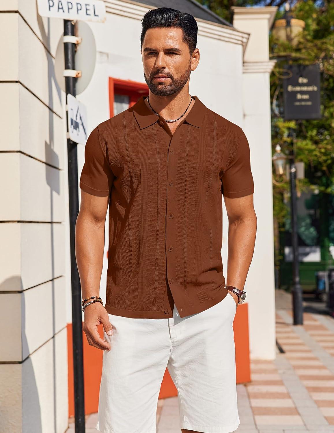 imageCOOFANDY Mens Knit Short Sleeve Button Down Polo ShirtsTerracotta
