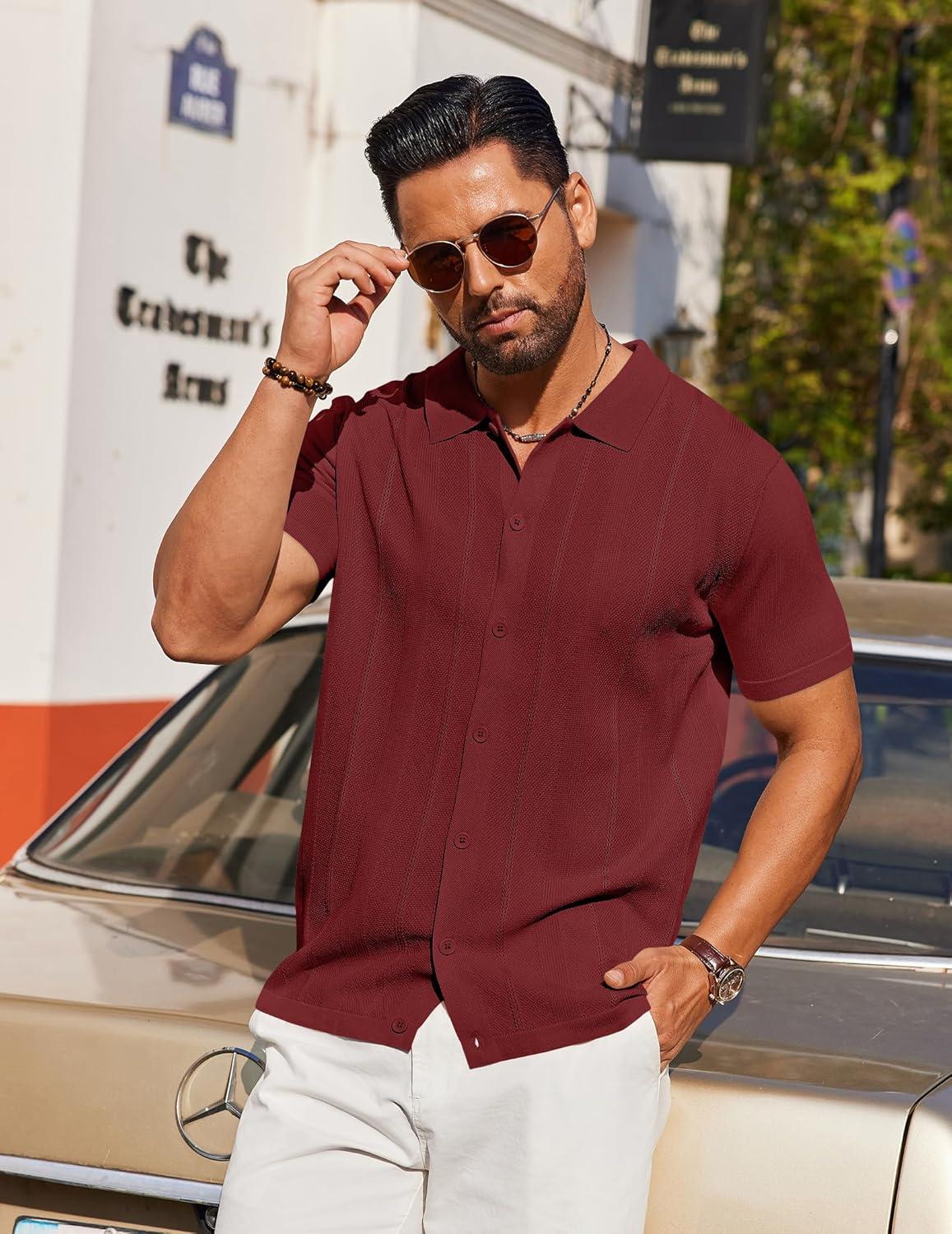 imageCOOFANDY Mens Knit Short Sleeve Button Down Polo ShirtsWine Red