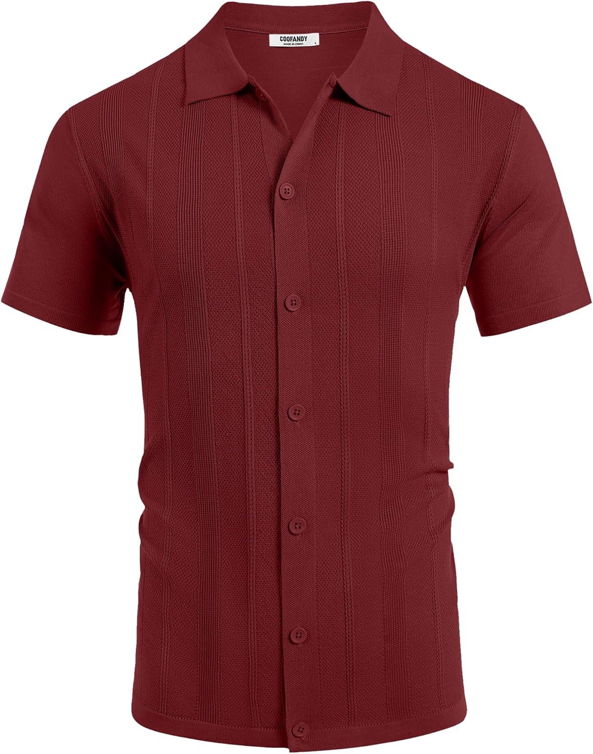 imageCOOFANDY Mens Knit Short Sleeve Button Down Polo ShirtsWine Red