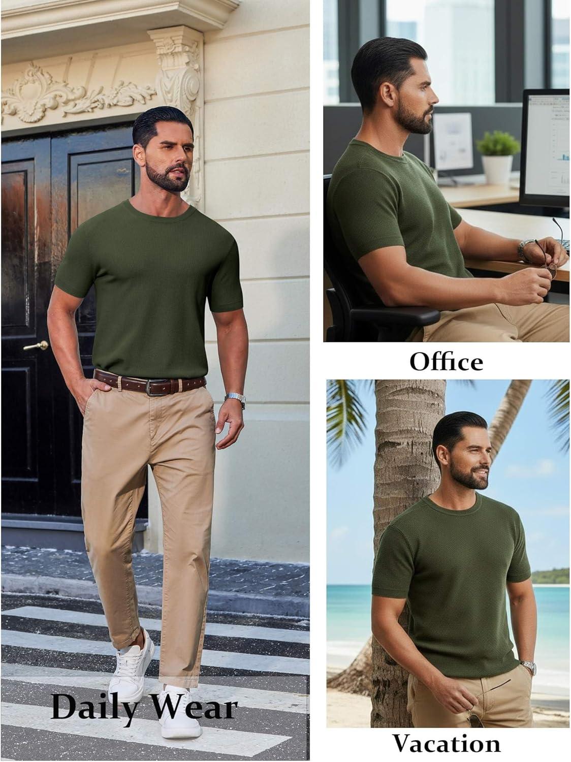 imageCOOFANDY Mens Knit TShirts Casual Short Sleeve Crewneck Shirt Textured Pullover TeesArmy Green