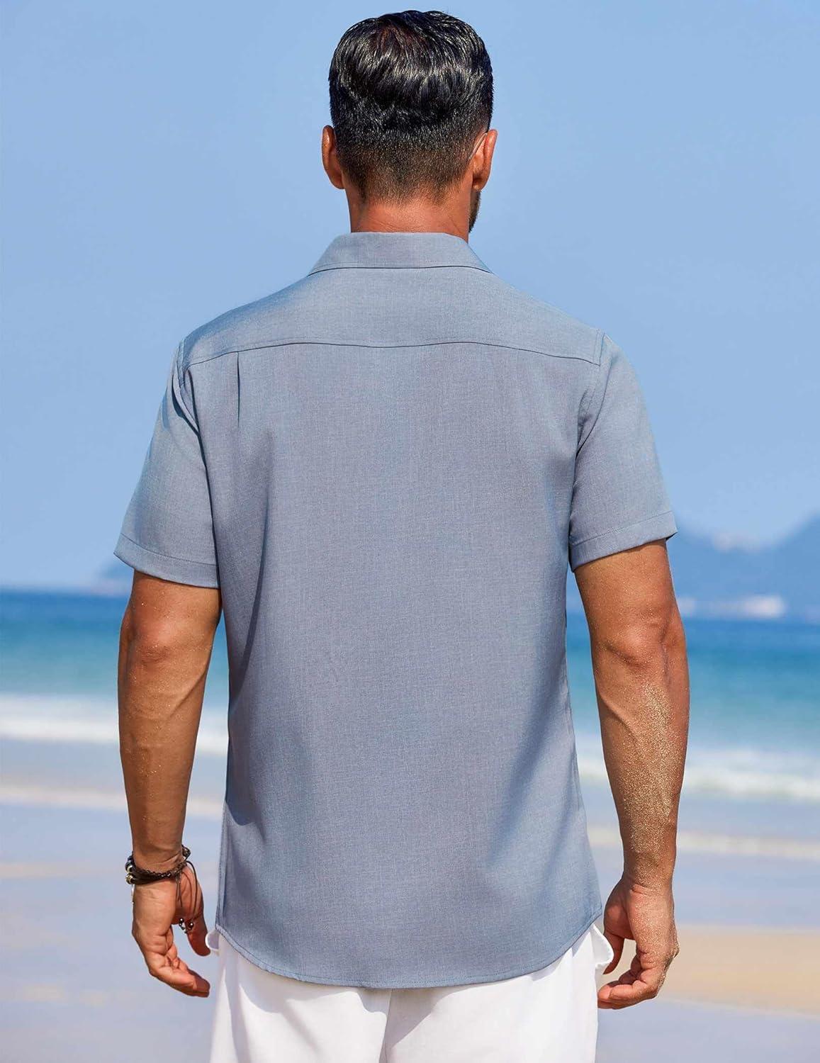 imageCOOFANDY Mens Linen Shirt Summer Beach Vacation Shirts Casual Button Down Short Sleeve Top Resort Wear for Men Grey Blue