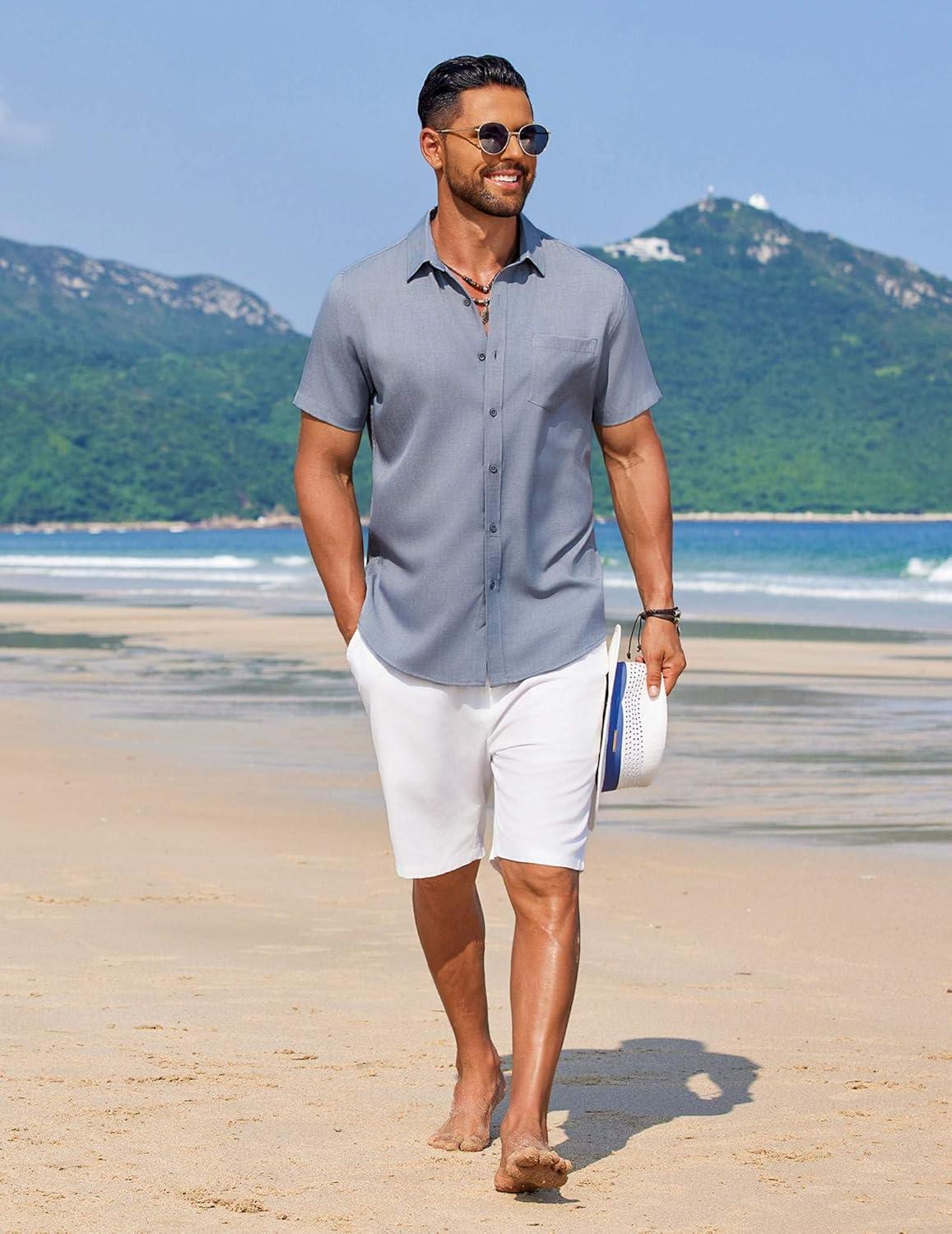 imageCOOFANDY Mens Linen Shirt Summer Beach Vacation Shirts Casual Button Down Short Sleeve Top Resort Wear for Men Grey Blue