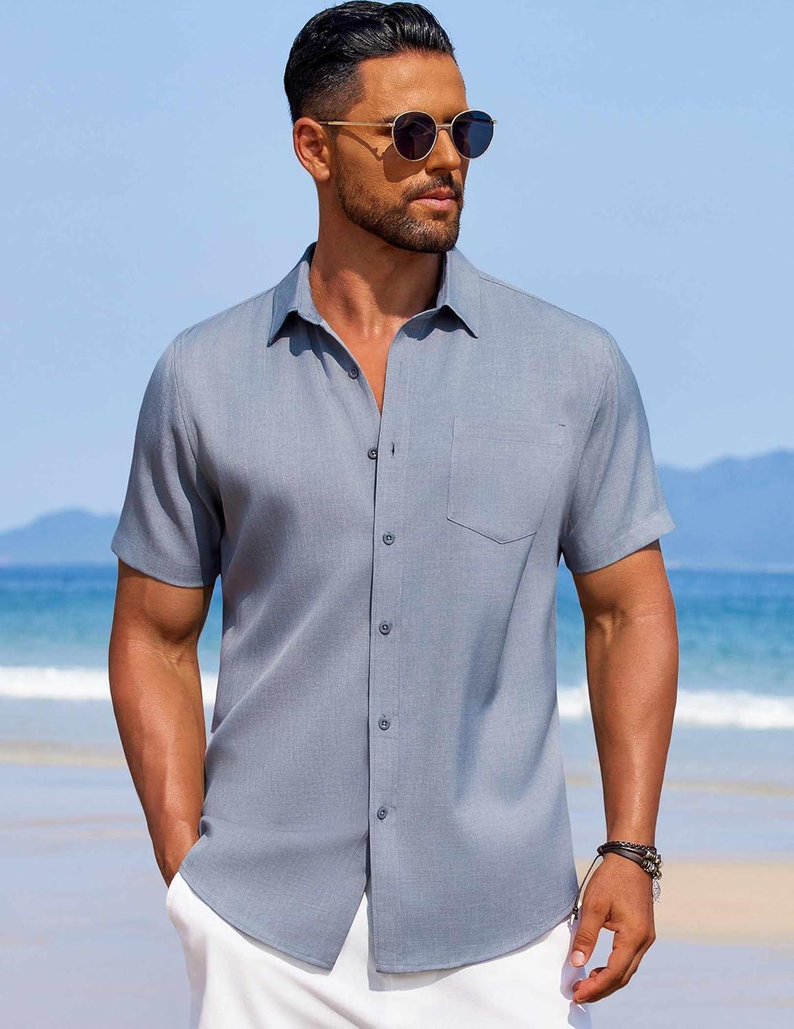 imageCOOFANDY Mens Linen Shirt Summer Beach Vacation Shirts Casual Button Down Short Sleeve Top Resort Wear for Men Grey Blue