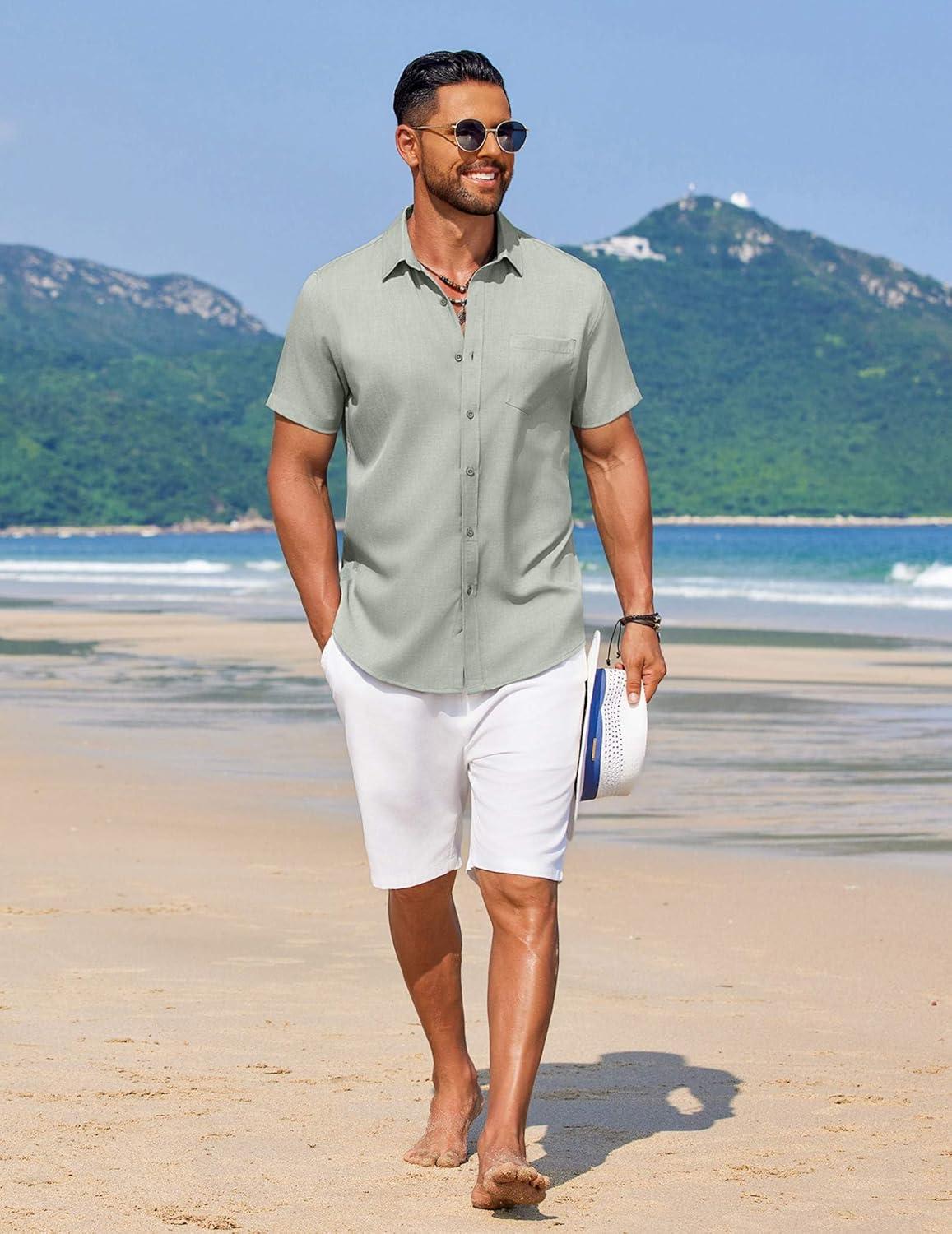 imageCOOFANDY Mens Linen Shirt Summer Beach Vacation Shirts Casual Button Down Short Sleeve Top Resort Wear for Men Light Green