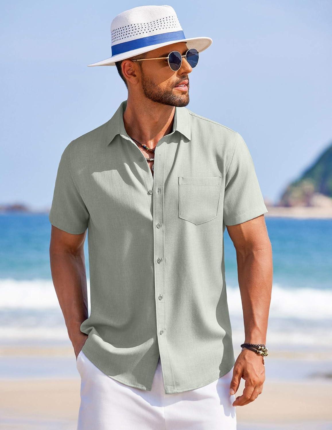 imageCOOFANDY Mens Linen Shirt Summer Beach Vacation Shirts Casual Button Down Short Sleeve Top Resort Wear for Men Light Green