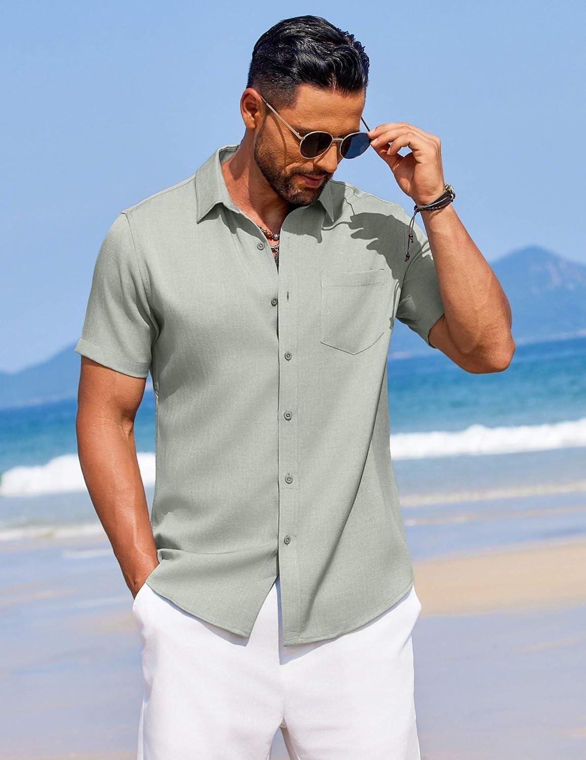 imageCOOFANDY Mens Linen Shirt Summer Beach Vacation Shirts Casual Button Down Short Sleeve Top Resort Wear for Men Light Green
