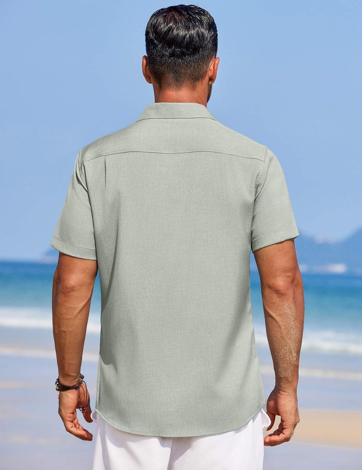 imageCOOFANDY Mens Linen Shirt Summer Beach Vacation Shirts Casual Button Down Short Sleeve Top Resort Wear for Men Light Green