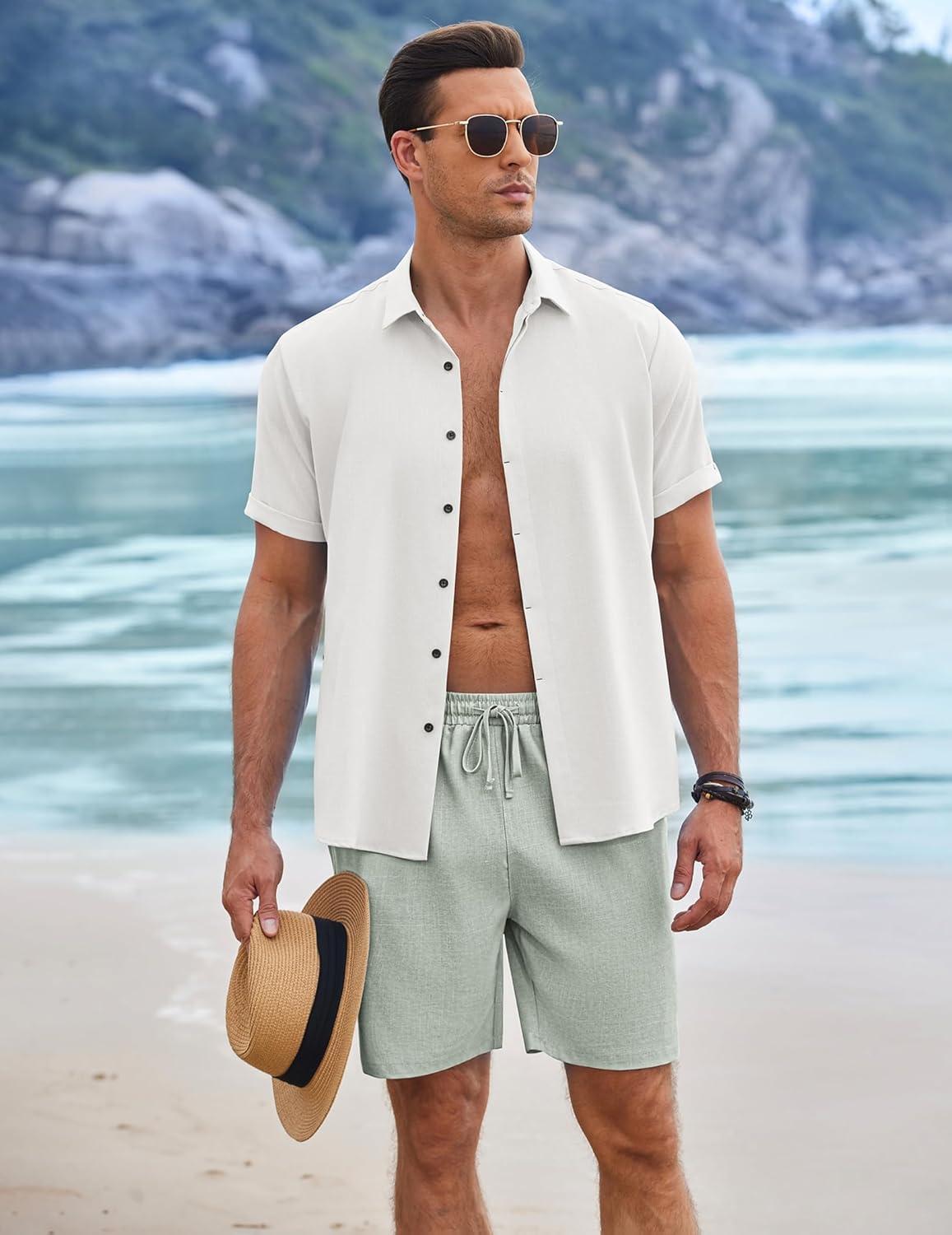 imageCOOFANDY Mens Linen Shorts 9 Elastic Waist Drawstring Casual Shorts Lightweight Summer Beach ShortsLight Green