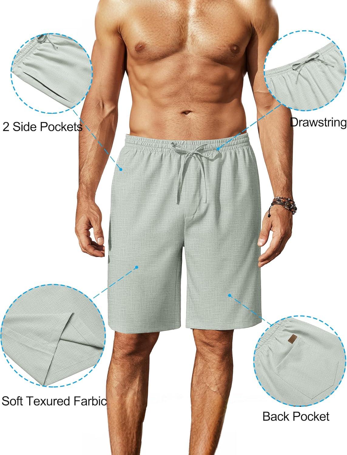 imageCOOFANDY Mens Linen Shorts 9 Elastic Waist Drawstring Casual Shorts Lightweight Summer Beach ShortsLight Green