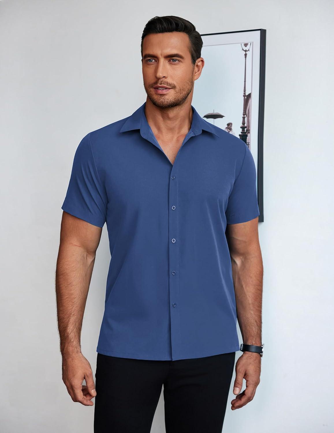 imageCOOFANDY Mens Short Sleeve Button Down Shirt Lightweight Wrinkle Free Untucked Dress Shirts