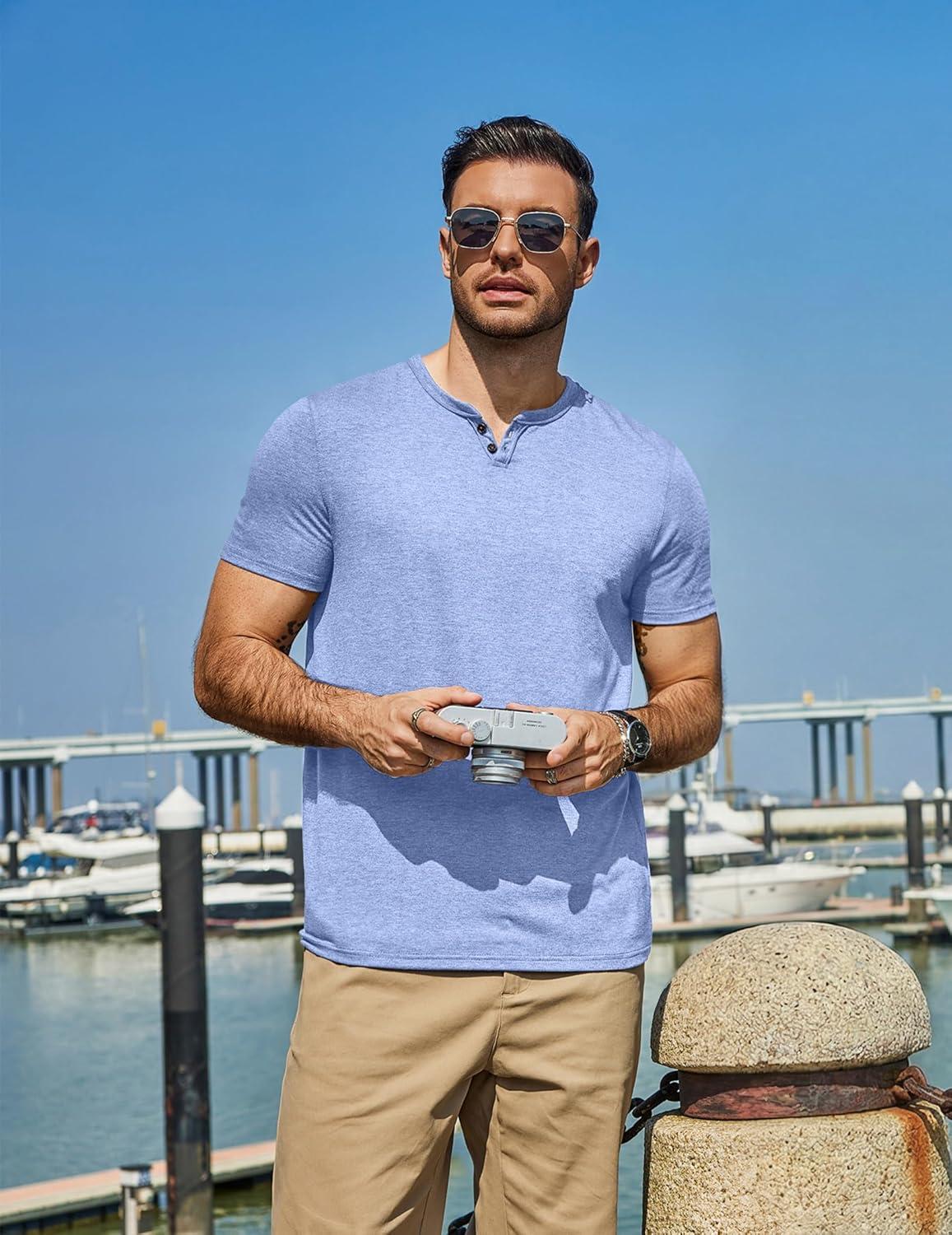 imageCOOFANDY Mens T Shirts Short Sleeve Casual V Neck TShirt Soft Notch Neck Tee Classic Plain ShirtsLight Blue