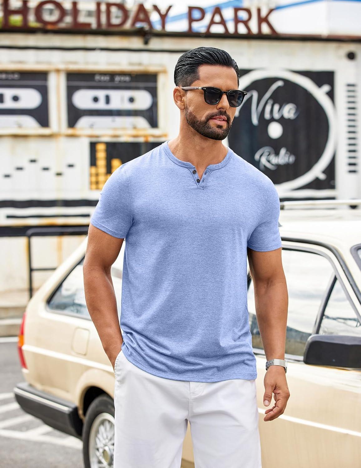 imageCOOFANDY Mens T Shirts Short Sleeve Casual V Neck TShirt Soft Notch Neck Tee Classic Plain ShirtsLight Blue
