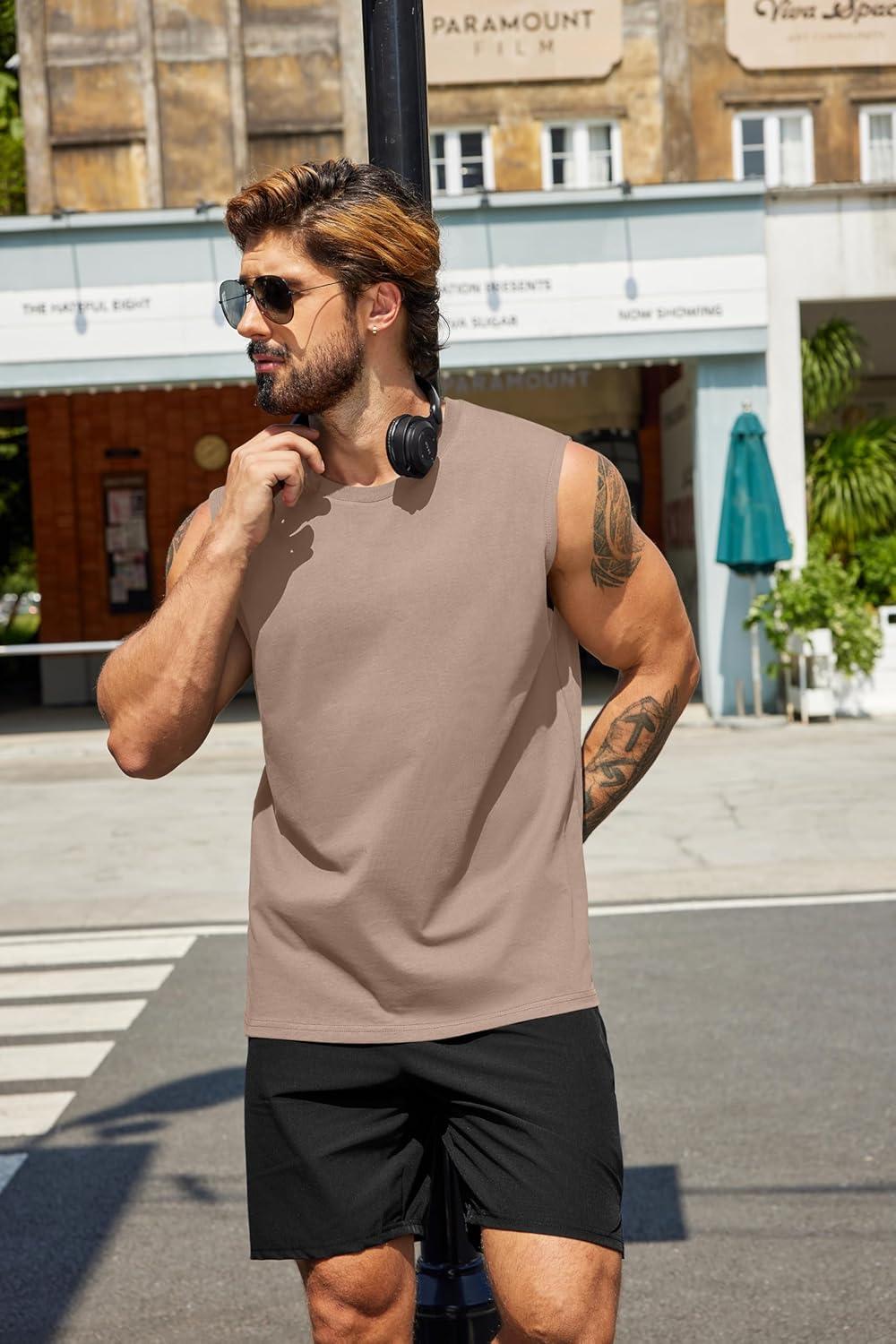 imageCOOFANDY Mens Tank Top Cotton Workout Sleeveless Muscle T Shirts Casual Summer Tank ShirtsBlackKhaki2 Pcs