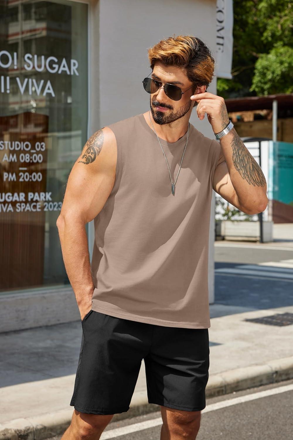 imageCOOFANDY Mens Tank Top Cotton Workout Sleeveless Muscle T Shirts Casual Summer Tank ShirtsBlackKhaki2 Pcs
