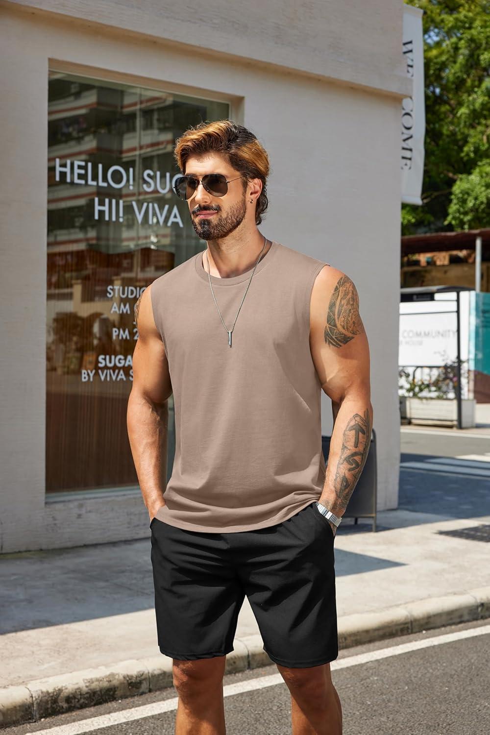 imageCOOFANDY Mens Tank Top Cotton Workout Sleeveless Muscle T Shirts Casual Summer Tank ShirtsBlackKhaki2 Pcs