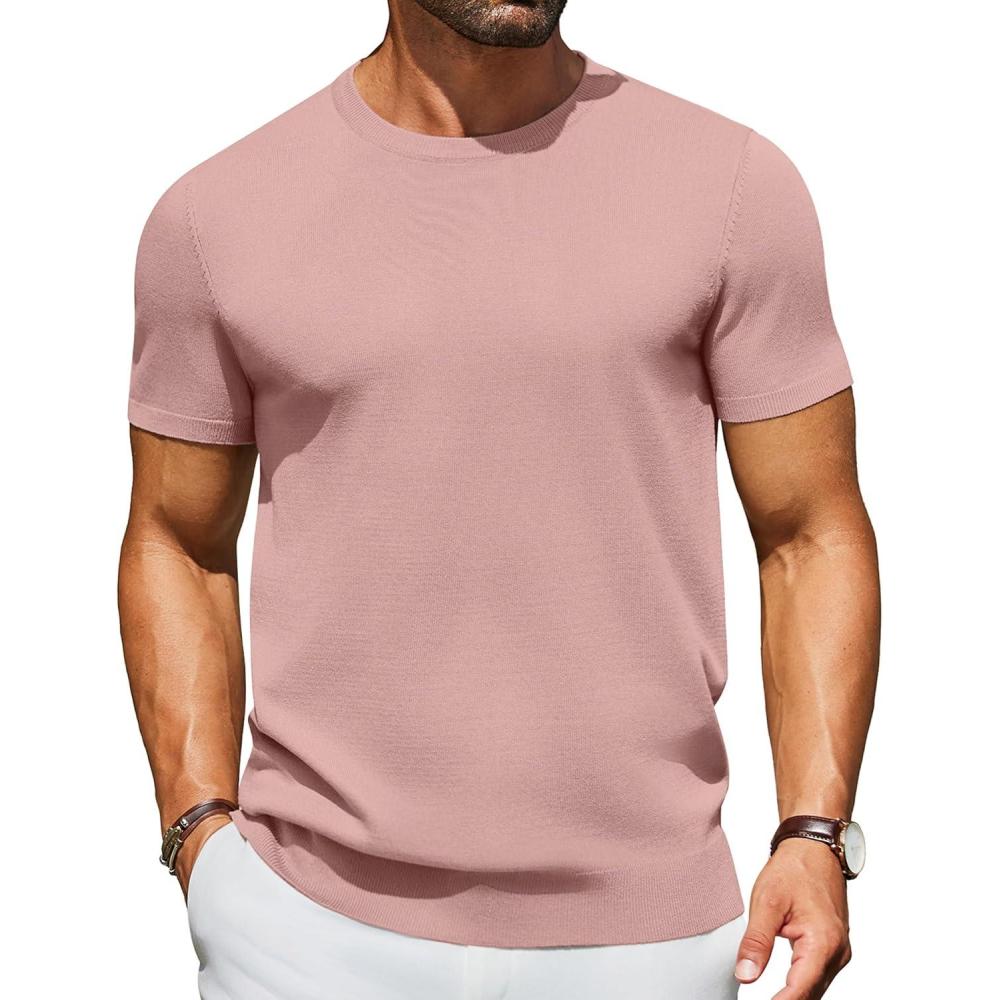 imageCOOFANDY Mens Casual TShirts Short Sleeve Crewneck Pullover Classic Knit Tee ShirtsPink