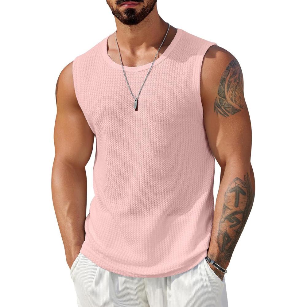 imageCOOFANDY Mens Casual Tank Tops 2 Pack Waffle Knit Sleeveless Shirt Breathable Tank Shirts Summer Muscle TeePink