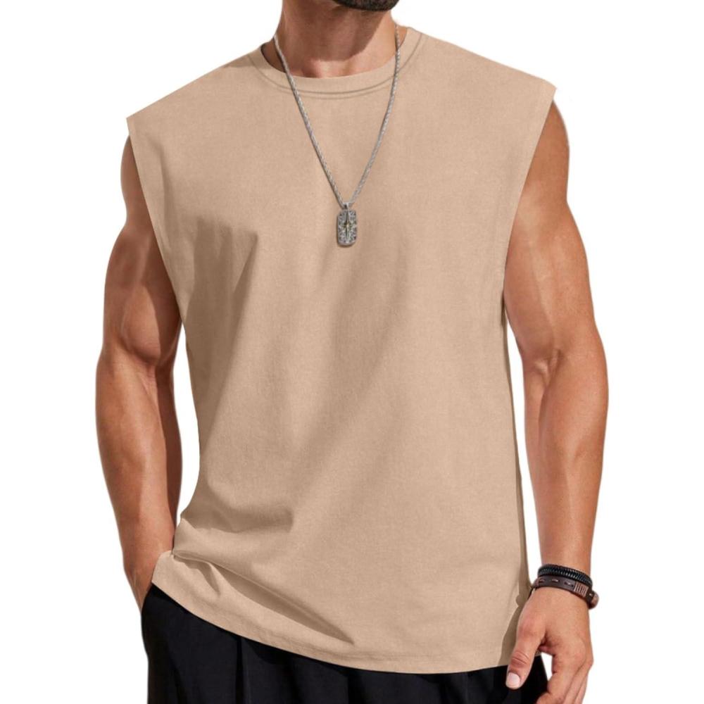 imageCOOFANDY Mens Casual Tank Tops Cotton Workout Sleeveless Shirt Breathable Tank Shirts Summer Muscle Tee Large Khaki