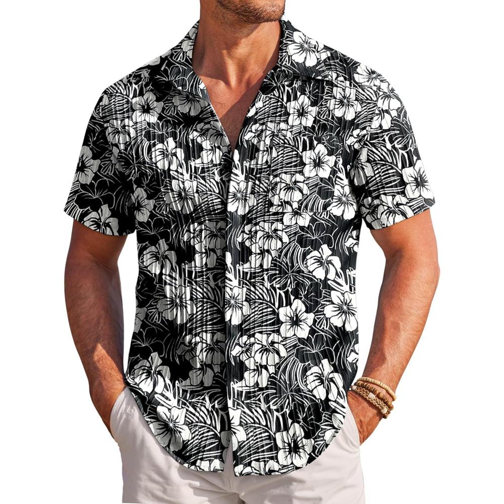 imageCOOFANDY Mens Casual Textured Short Sleeve Button Down Summer Beach ShirtBlackwhite Floral