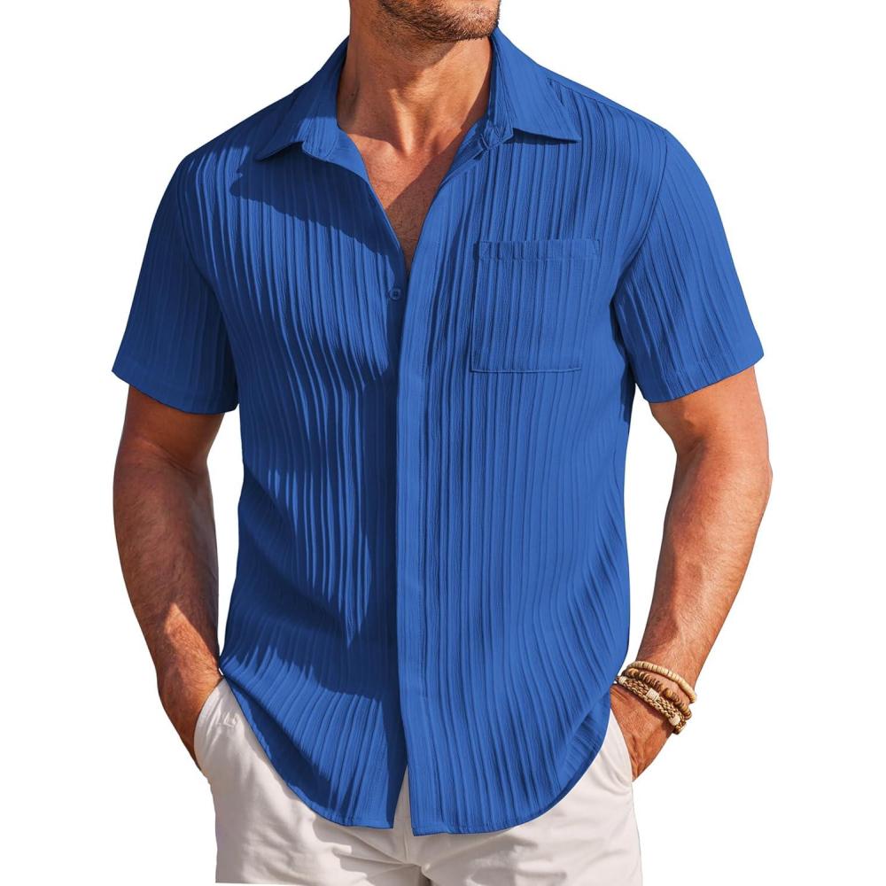 imageCOOFANDY Mens Casual Textured Short Sleeve Button Down Summer Beach ShirtClassic Blue