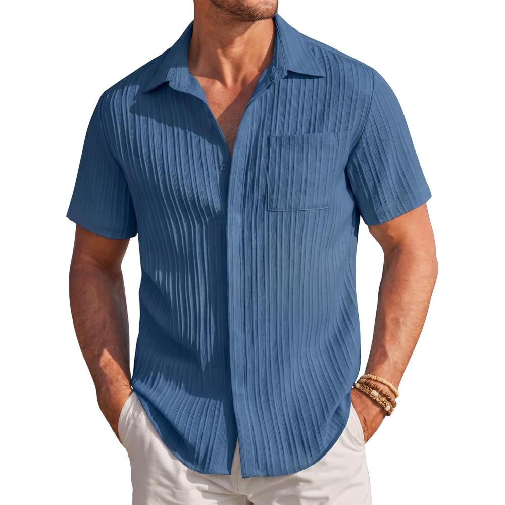 imageCOOFANDY Mens Casual Textured Short Sleeve Button Down Summer Beach ShirtDark Blue