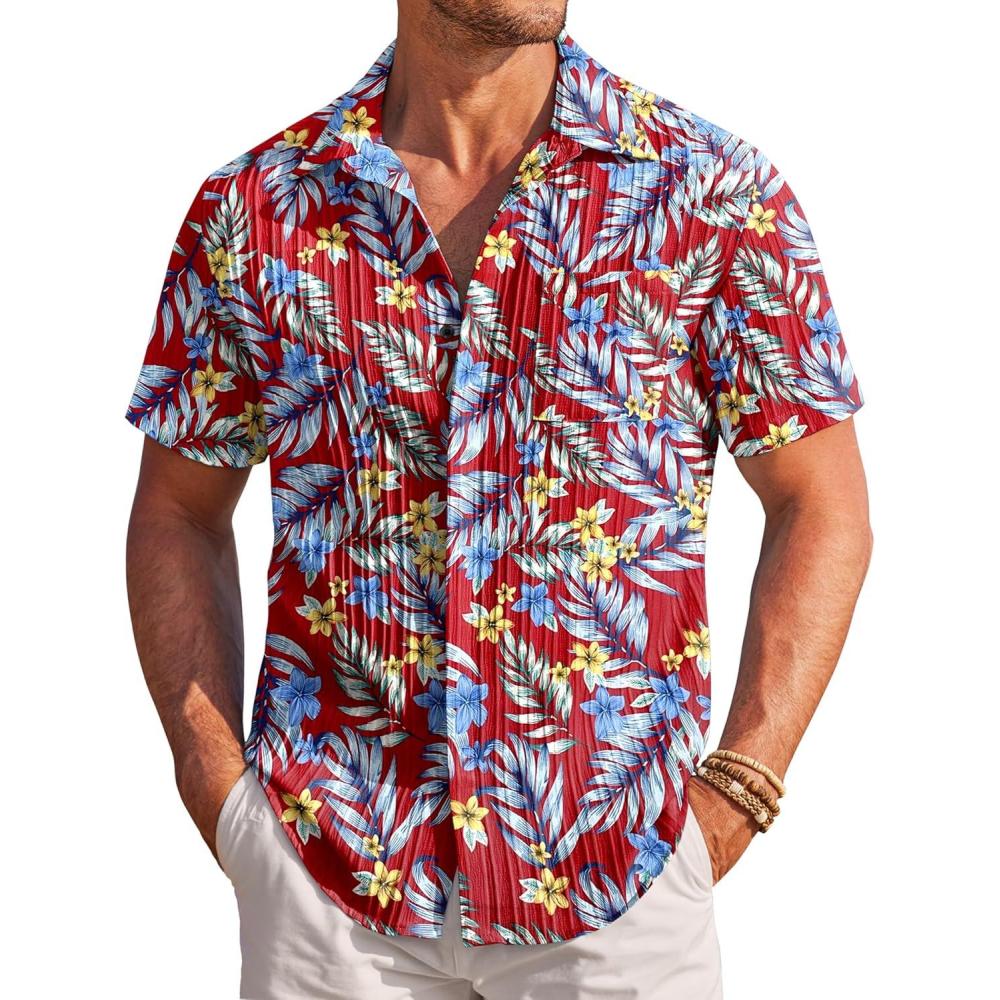 imageCOOFANDY Mens Casual Textured Short Sleeve Button Down Summer Beach ShirtHawaii Flowers