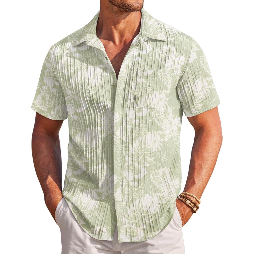 imageCOOFANDY Mens Casual Textured Short Sleeve Button Down Summer Beach ShirtLight Green White Leaf