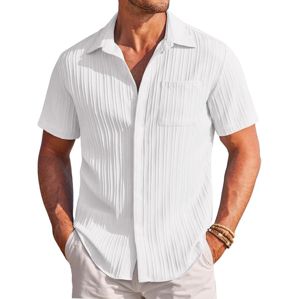 imageCOOFANDY Mens Casual Textured Short Sleeve Button Down Summer Beach ShirtWhite
