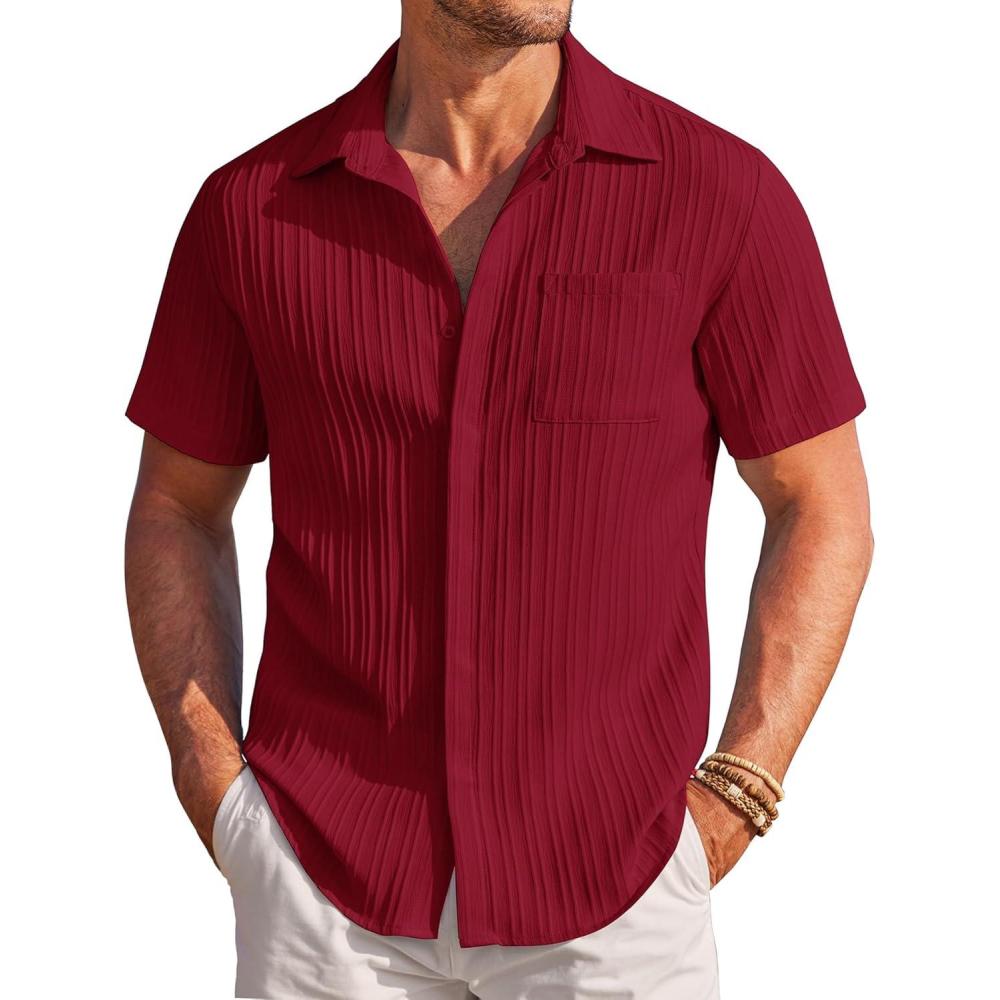 imageCOOFANDY Mens Casual Textured Short Sleeve Button Down Summer Beach ShirtWine Red