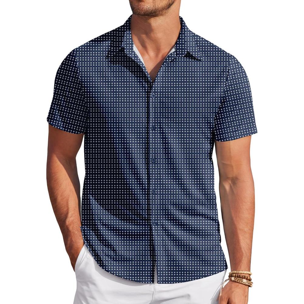 imageCOOFANDY Mens Casual Wrinkle Free Shirts Short Sleeve Button Down Summer Stretch Dress ShirtWhite Geometric Shape Blue