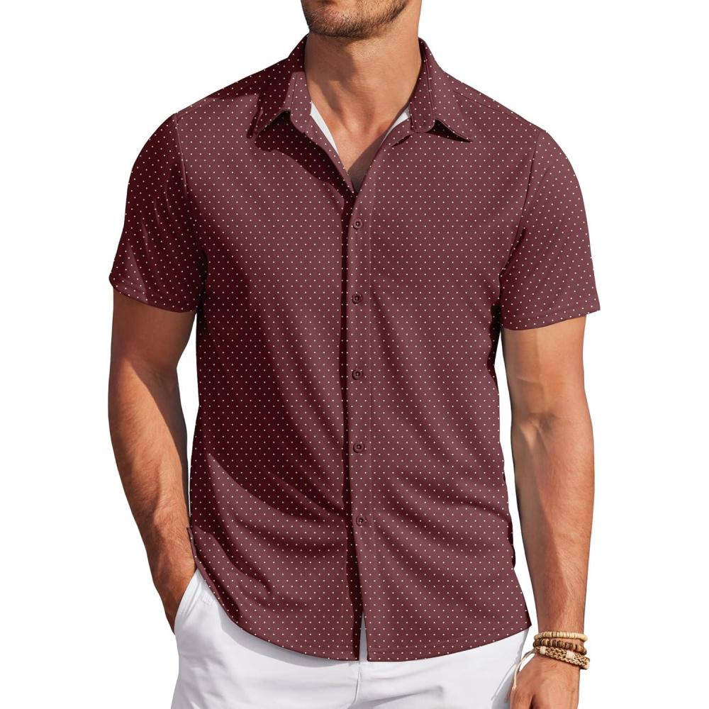 imageCOOFANDY Mens Casual Wrinkle Free Shirts Short Sleeve Button Down Summer Stretch Dress ShirtWhite Polka Dots Wine Red