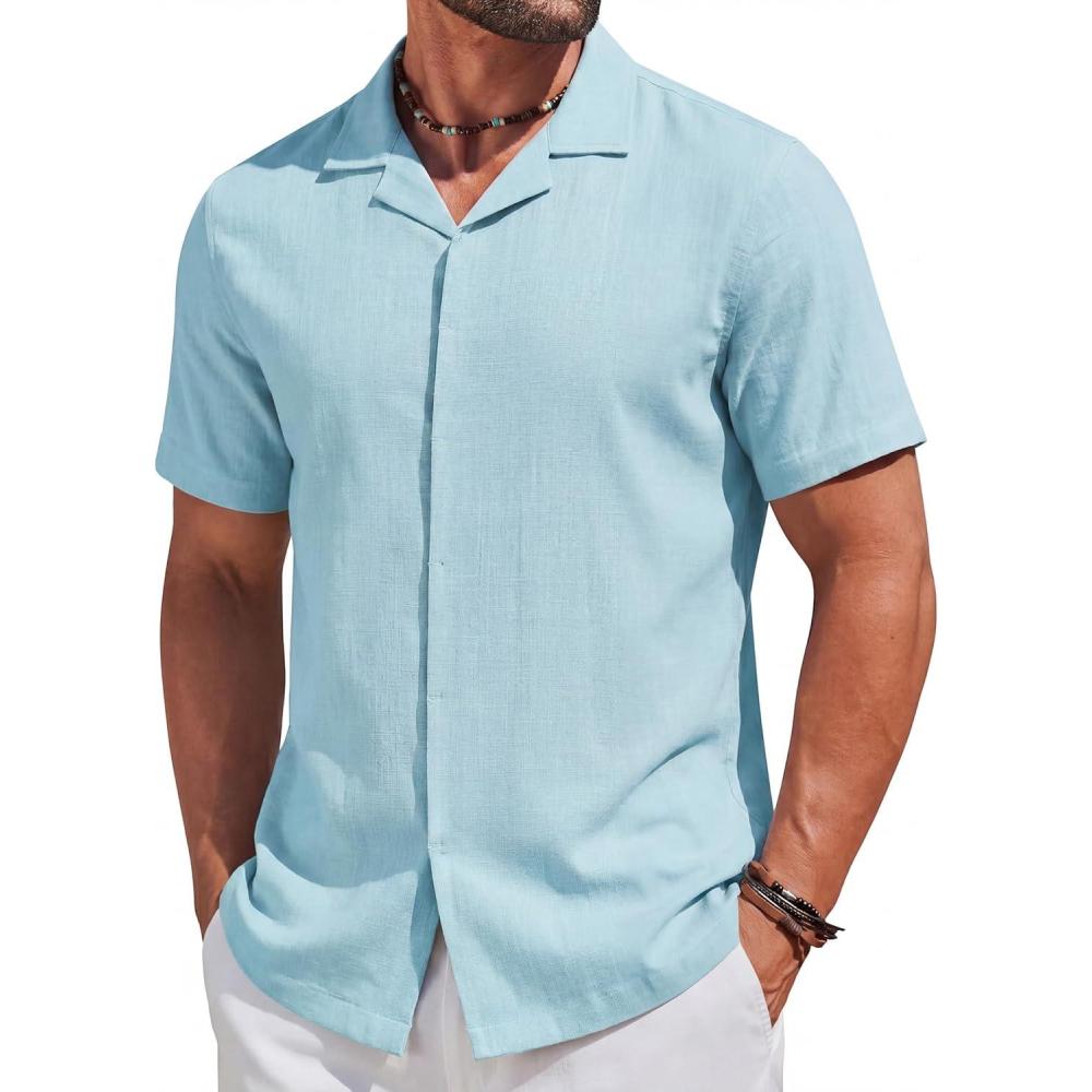 imageCOOFANDY Mens Cotton Shirts Short Sleeve Button Down Shirts Casual Beach Summer Cuban Collar ShirtBlue