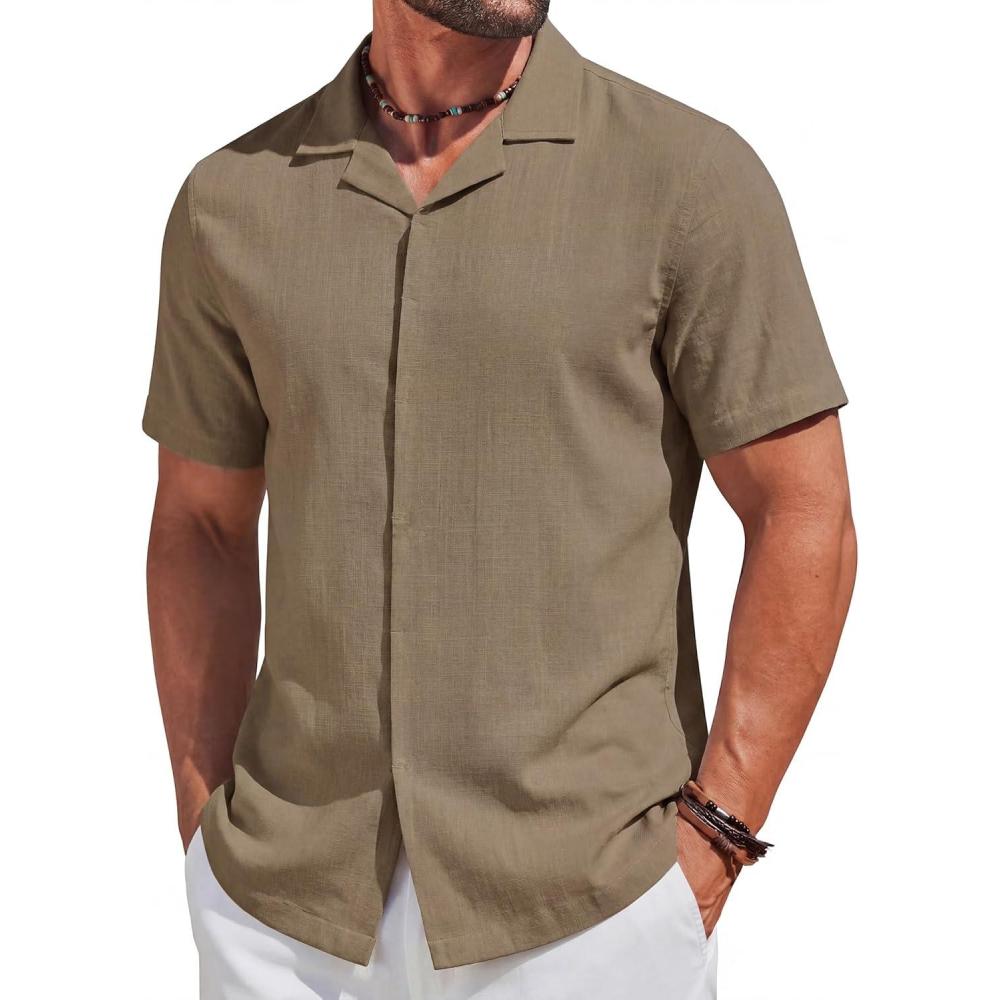 imageCOOFANDY Mens Cotton Shirts Short Sleeve Button Down Shirts Casual Beach Summer Cuban Collar ShirtKhaki