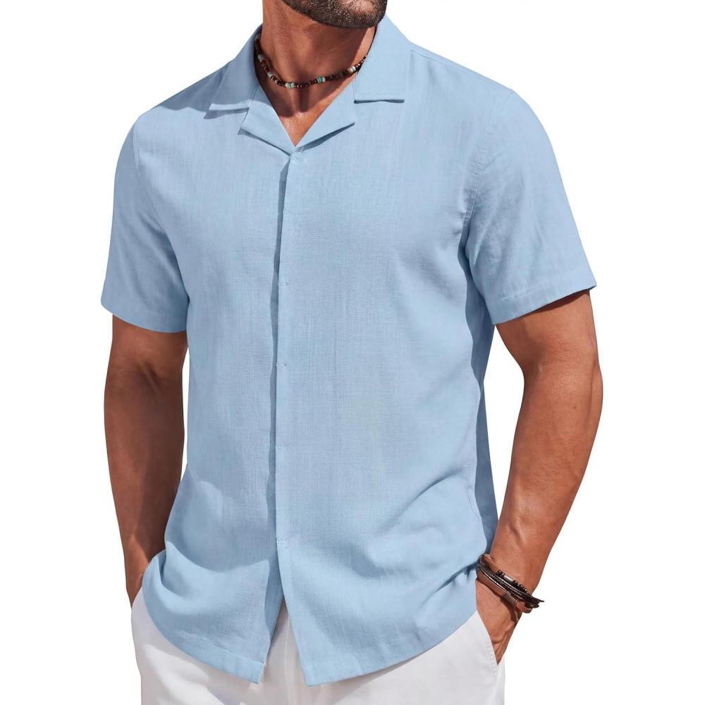 imageCOOFANDY Mens Cotton Shirts Short Sleeve Button Down Shirts Casual Beach Summer Cuban Collar ShirtLight Blue