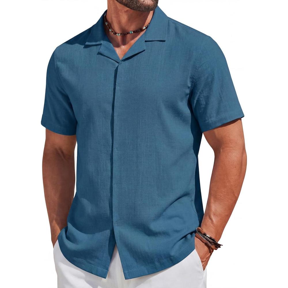 imageCOOFANDY Mens Cotton Shirts Short Sleeve Button Down Shirts Casual Beach Summer Cuban Collar ShirtNavy Blue