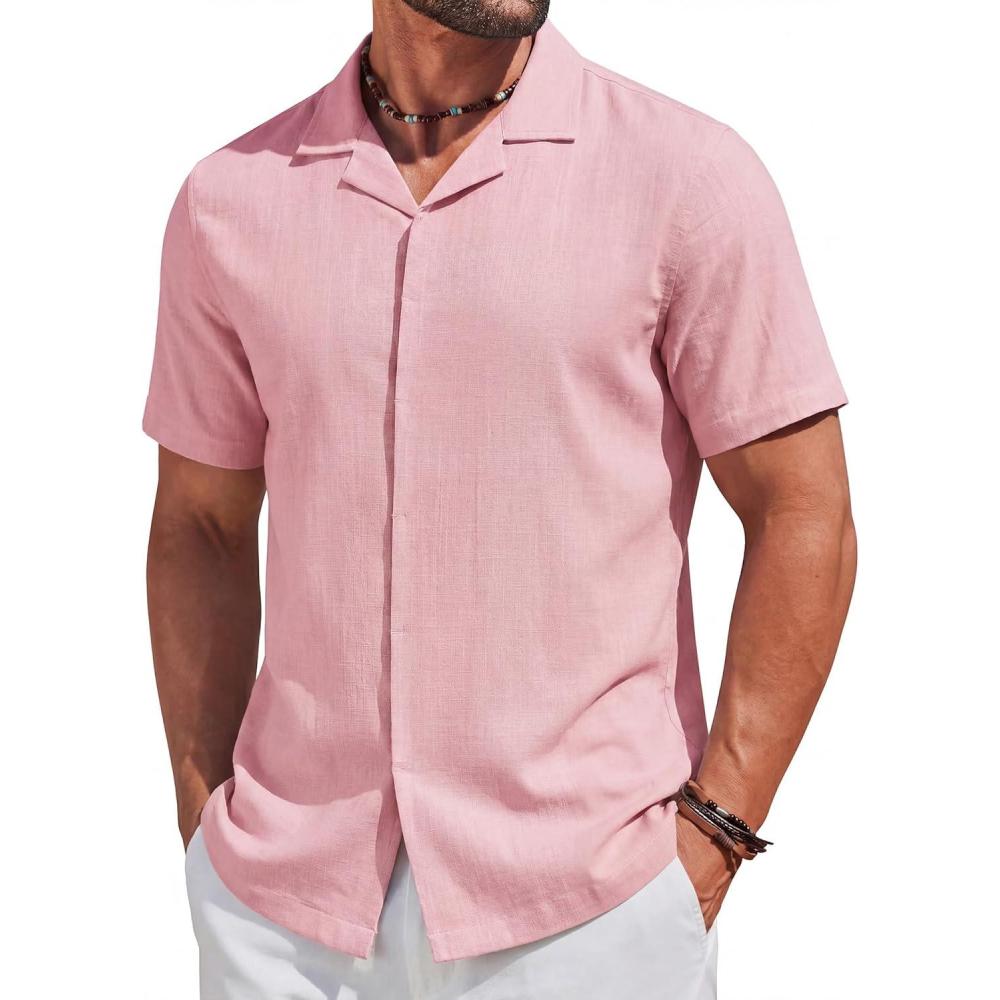 imageCOOFANDY Mens Cotton Shirts Short Sleeve Button Down Shirts Casual Beach Summer Cuban Collar ShirtPink